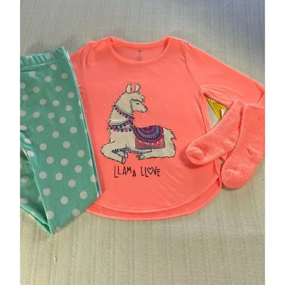 SO Girls SIZE 16 LLAMA LOVE 3-Piece Tunic & Thermal Leggings Pajama Set with Soc